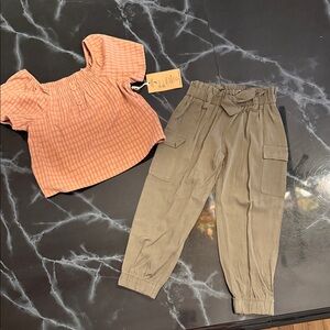 4T Peach Checkered Top and Olive Cargo Pants Set